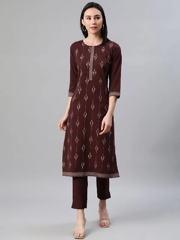 Women's Brown Color Foil Print Straight Kurta And Pant Set - Ziyaa Fashionable Work Pants Women's Brown Color Foil Print Straight Kurta And Pant Set - Ziyaa Fashionable Work Pants