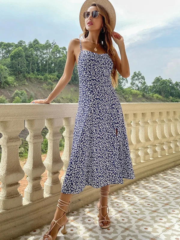Blue Zone Planet |  Floral Slip Dress Slim Fit Slit Print Dress Women's Tunics Recommended stylist