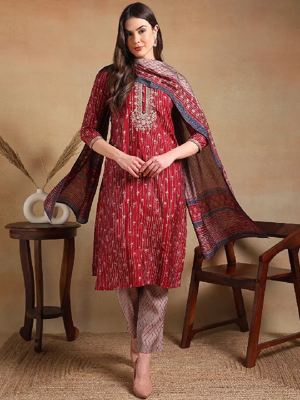 Women's Maroon Silk Blend Embroidered Straight Kurta Pant Set With Dupatta - Ahika Trendy Wide-Legged Trousers Women's Maroon Silk Blend Embroidered Straight Kurta Pant Set With Dupatta - Ahika Trendy Wide-Legged Trousers