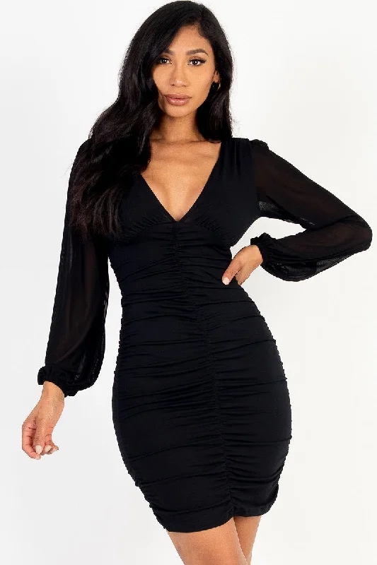 Ruched mesh long sleeve v-neck mini dress Elegant Tulle Mini Dress