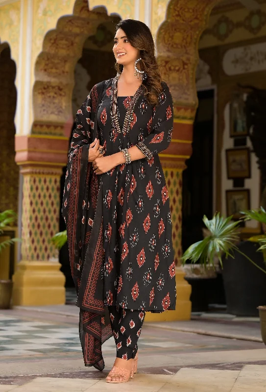 Women's Balck Printed Viscose Rayon Kurta, Pant And Dupatta Set - Alvami Comfortable Wide-Leg Pants Women's Balck Printed Viscose Rayon Kurta, Pant And Dupatta Set - Alvami Comfortable Wide-Leg Pants