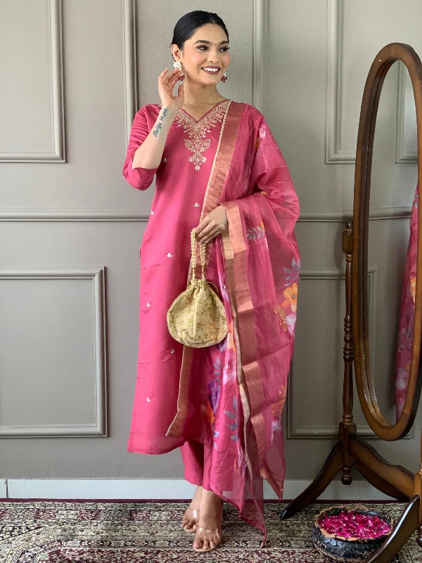Women's Peach Viscose Chanderi Embroidery Worked Kurta With Pant And Duppata Set - Dwija Fashion Relaxed Linen Pants