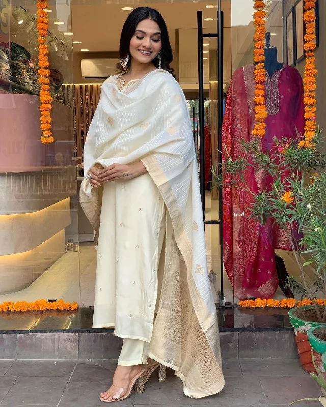 Women's Cream Viscose Chanderi Embroidery Kurta With Pant And Duppata Set - Dwija Fashion Elegant Dress Pants Women's Cream Viscose Chanderi Embroidery Kurta With Pant And Duppata Set - Dwija Fashion Elegant Dress Pants