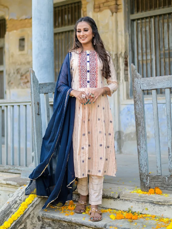 Women's Peach Cotton Silk Embroidered A-Line Kurta Pants Set With Dupatta - Vaaba Elegant Silk Pants
