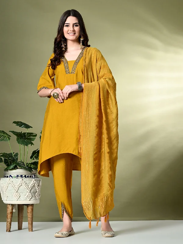 Women's Mustard Viscose Silk Solid Kurta & Dhoti Pants With Dupatta Set - Myshka Relaxed Fit Trousers Women's Mustard Viscose Silk Solid Kurta & Dhoti Pants With Dupatta Set - Myshka Relaxed Fit Trousers