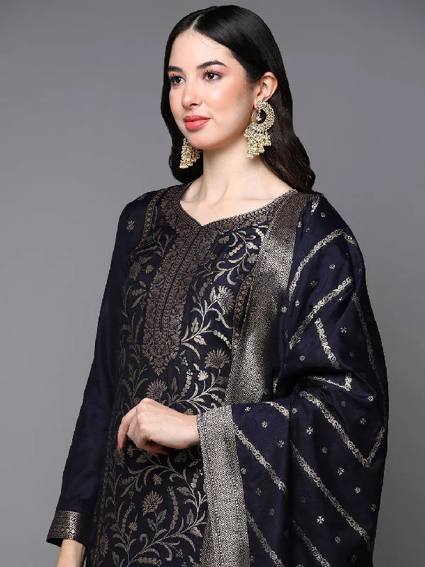Women's Navy Blue Poly Chanderi Woven Design Straight Kurta Pant Set With Dupatta - Ahika Comfortable Fleece Pants