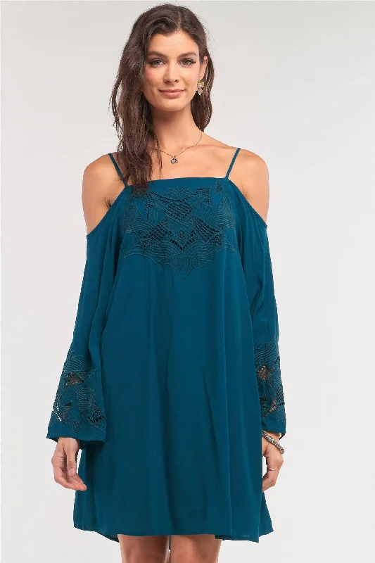 Teal Green Off-the-shoulder Flare Long Sleeve Square Neck Crochet Embroidery Mini Dress Fashionable Off-Shoulder Mini Dress