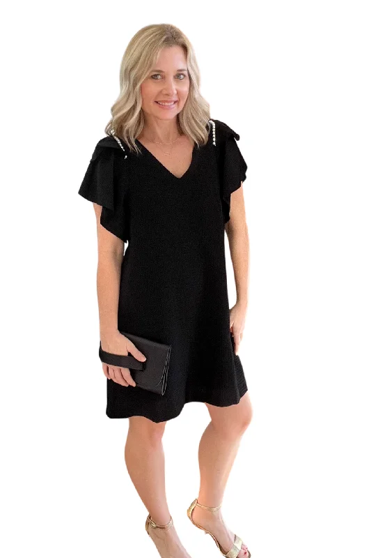 Black Mini Dress with Pearl Detail Trendy Floral Mini Dress