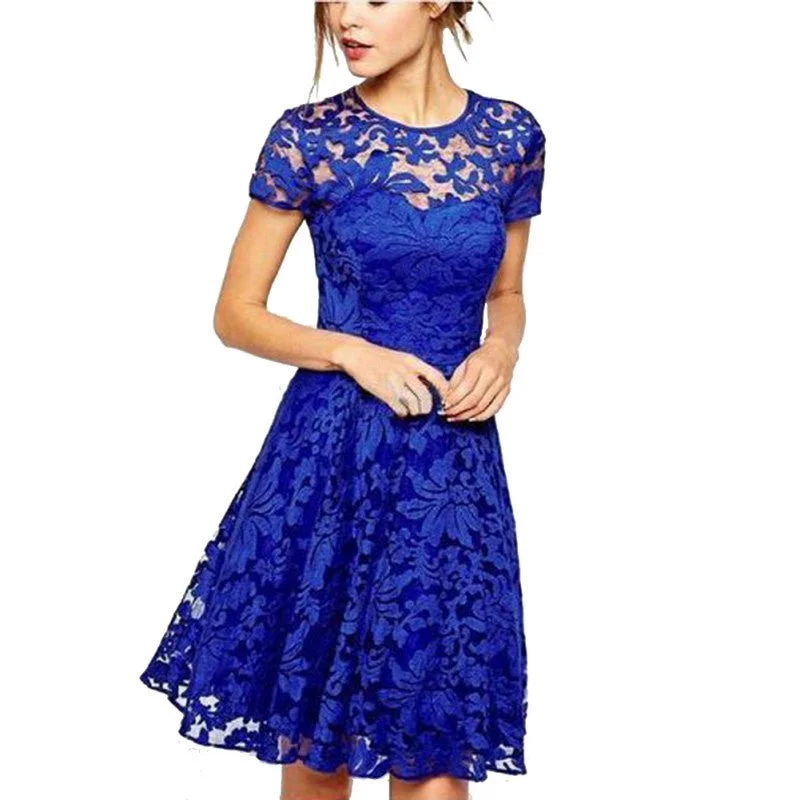 Women Floral Lace Dresses Short Sleeve Party Casual Color Blue Red Black Mini Dress Chic Halter Mini Dress