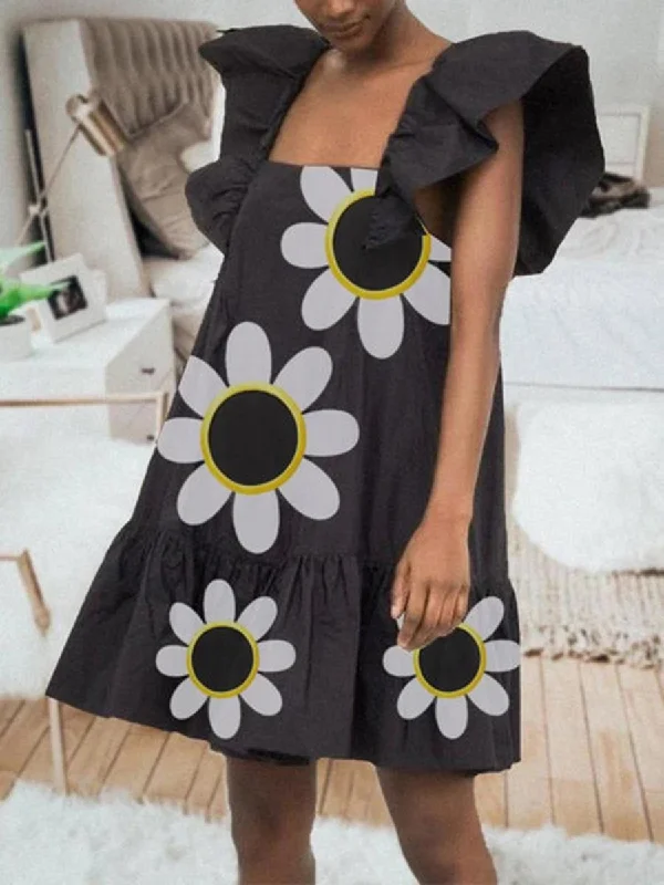 Fashion Lotus Leaf Sleeve Floral Print Casual Mini Dress Casual V-Neck Mini Dress