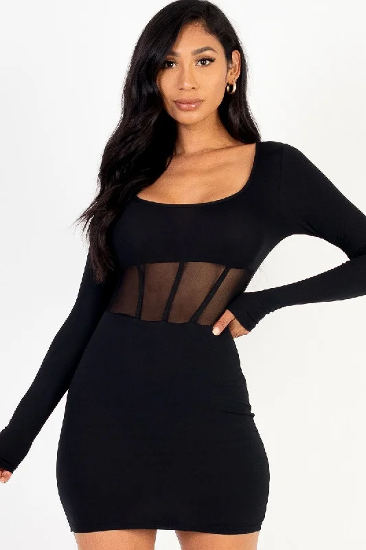 Square neck mesh corset mini dress Casual Mini Dress with Pockets