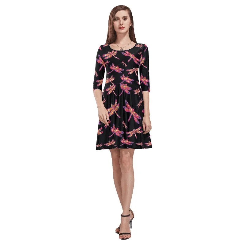 Gathering Noir Tethys Half-Sleeve Skater Dress Tunics Satin smooth