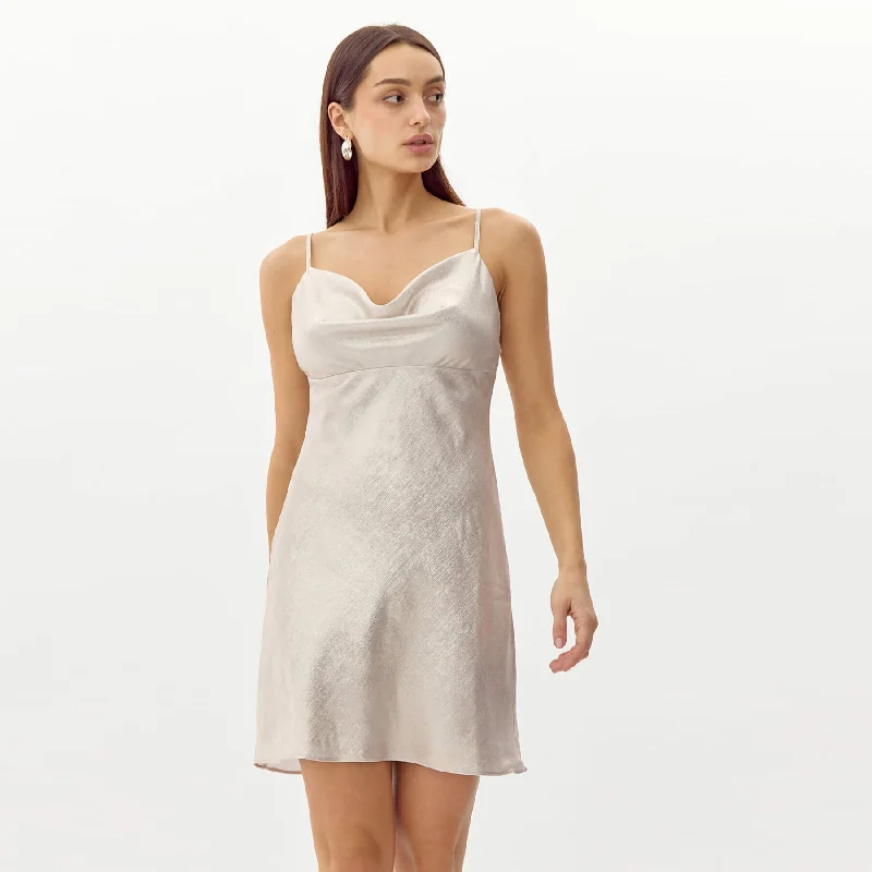 Greylin Atrina Metallic Cowl Neck Mini Dress - Champagne Trendy Mini Dress with Belt