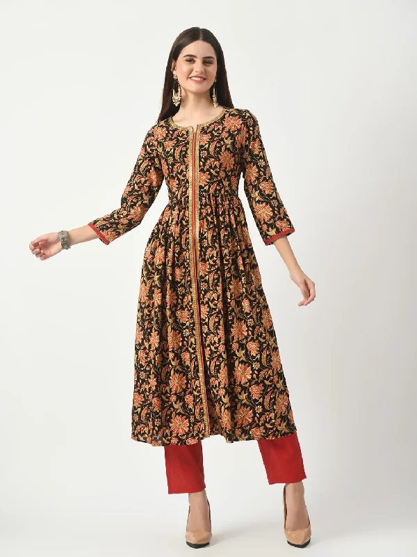 Black Floral Printed Flared Kurta With Pant - Rasiya Trendy Printed Pants