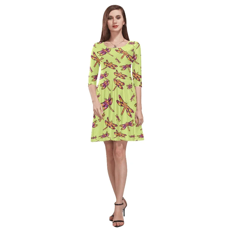 Gathering Lime Tethys Half-Sleeve Skater Dress Tunics Silk luxurious