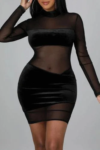 Black Sexy Solid Split Joint See-through Mesh Half A Turtleneck Mini Dresses Trendy Tulle Mini Dress