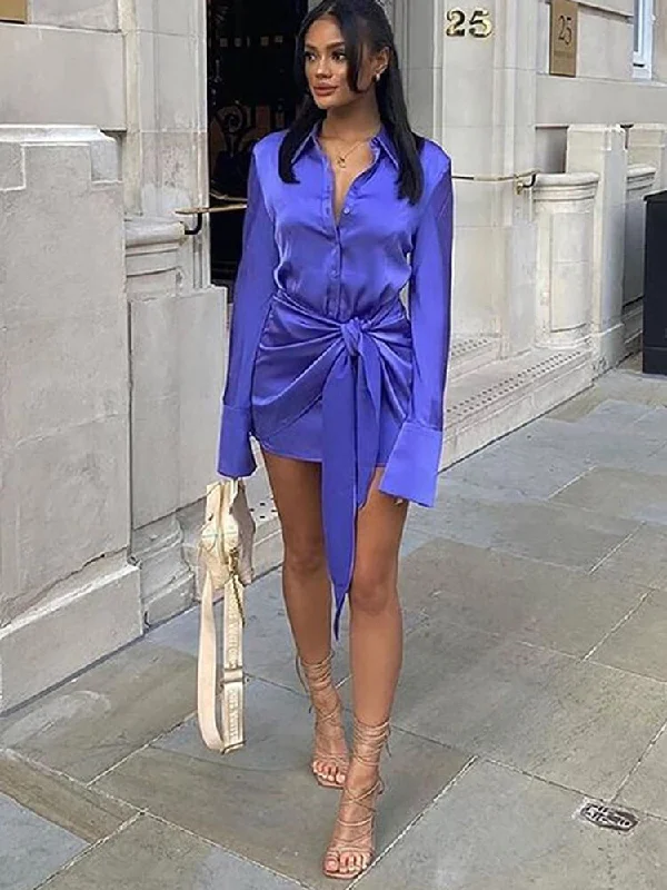 Stain Long Sleeves Buttons Tie Waist Mini Dresses Elegant Velvet Mini Dress