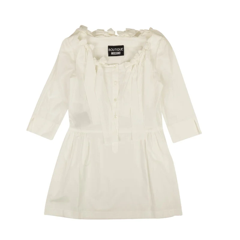 BOUTIQUE MOSCHINO White Bow Accented Fit & Flare Mini Dress Chic Pleated Mini Dress