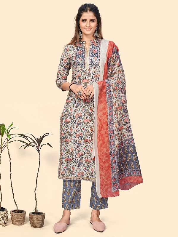 Women's Print & Embroidered Straight Cotton Light Blue Stitched Kurta Pant With Dupatta - Vbuyz Trendy Work Pants Women's Print & Embroidered Straight Cotton Light Blue Stitched Kurta Pant With Dupatta - Vbuyz Trendy Work Pants