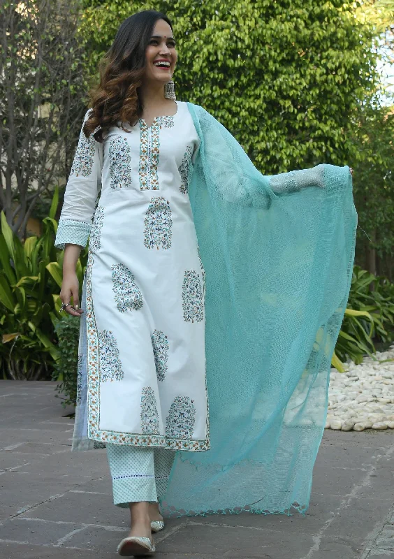 Women's Light Sky Printed Pure Cotton Kurta And Pant Set - Alvami High-Waist Trousers Women's Light Sky Printed Pure Cotton Kurta And Pant Set - Alvami High-Waist Trousers