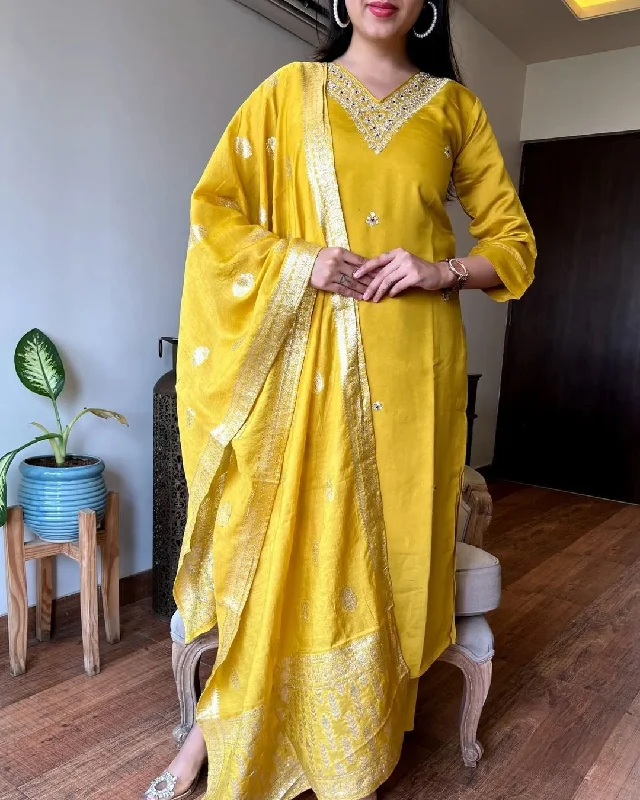 Women's Yellow Embroidery Kurta With Pant And Duppata Set - Dwija Fashion Comfortable Maternity Pants Women's Yellow Embroidery Kurta With Pant And Duppata Set - Dwija Fashion Comfortable Maternity Pants