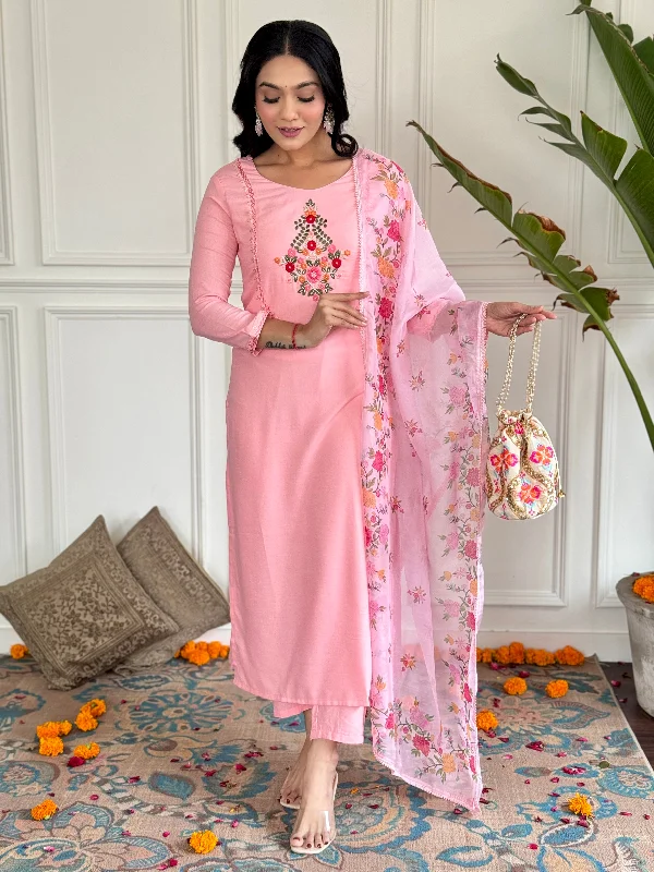 Women's Thread Work Rayon Fabric Straight Kurta, Pant And Dupatta Set - The52 Elegant Wool Trousers