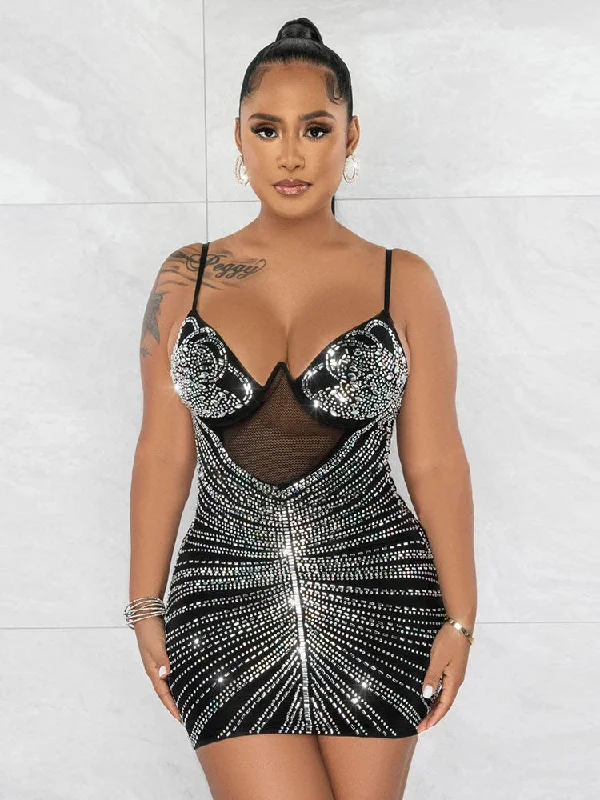 Mesh and Rhinestone Splice Halter Mini Dress Chic Puff Sleeve Mini Dress