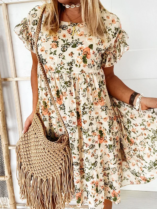 Women Floral Round Neck Chiffon Mini Dress Stylish Sweetheart Mini Dress