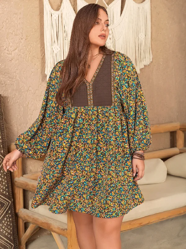 Plus Size V-Neck Balloon Sleeve Printed Mini Dress Trendy Tie-Dye Mini Dress
