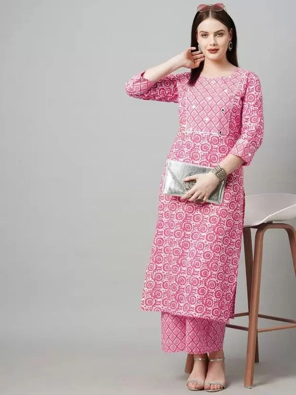 Women's Printed Pink Cotton Blend Kurta Pant Set - Malishka Export Relaxed Lounge Trousers Women's Printed Pink Cotton Blend Kurta Pant Set - Malishka Export Relaxed Lounge Trousers