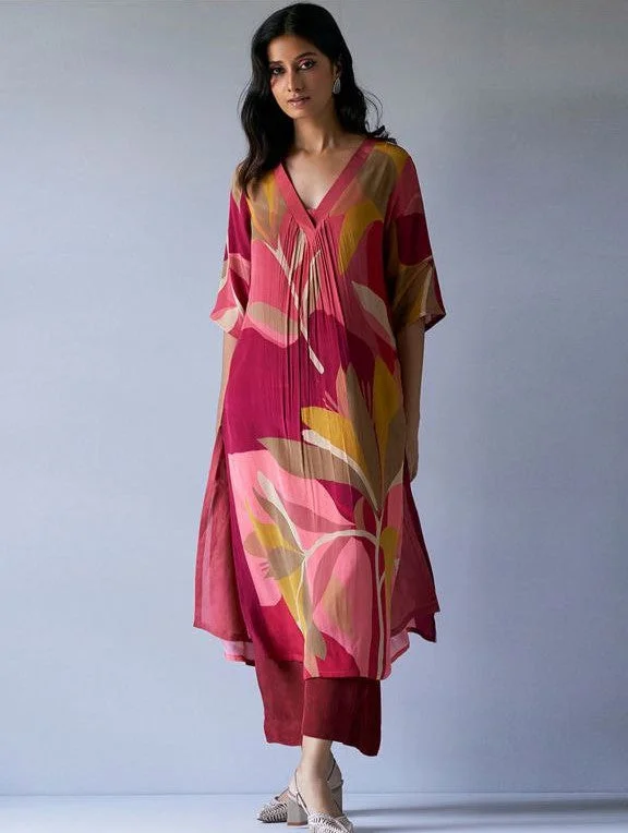 Women's Floral Printed Knee Length Rayon V Neck Kurti And Pant Set - Modestouze Attires Soft Stretch Trousers Women's Floral Printed Knee Length Rayon V Neck Kurti And Pant Set - Modestouze Attires Soft Stretch Trousers