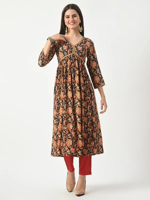 Blue Floral Printed Aliacut Kurta With Pant - Rasiya Modern Bootcut Pants