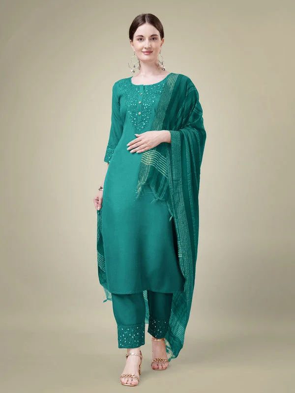 Women's Embroidered Rama Cotton Blend Kurta Pant Dupatta Set - Malishka Export Classic Cropped Pants Women's Embroidered Rama Cotton Blend Kurta Pant Dupatta Set - Malishka Export Classic Cropped Pants