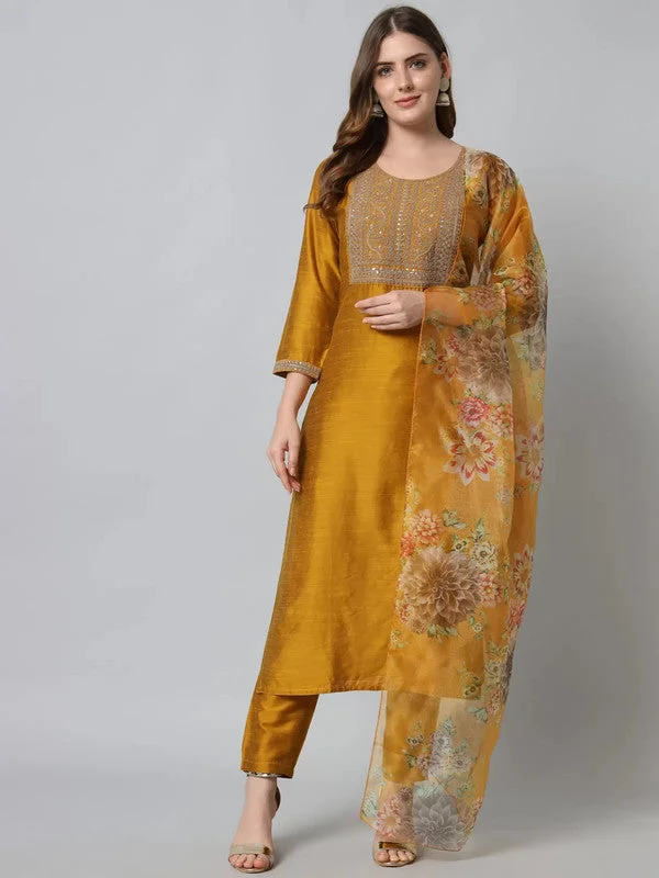 Women's Mustard Cotton Silk Embroidery Kurta Pant Set With Dupatta - Malishka Export Relaxed Linen Pants Women's Mustard Cotton Silk Embroidery Kurta Pant Set With Dupatta - Malishka Export Relaxed Linen Pants