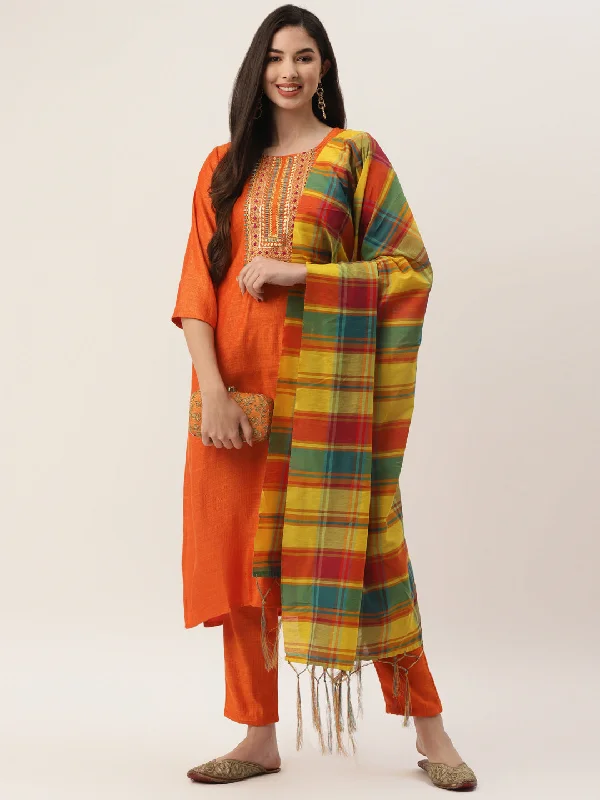 Women's Orange Color Rayon blend Embroidered Straight Kurta Pant With Dupatta   - VAABA Chic Checkered Pants