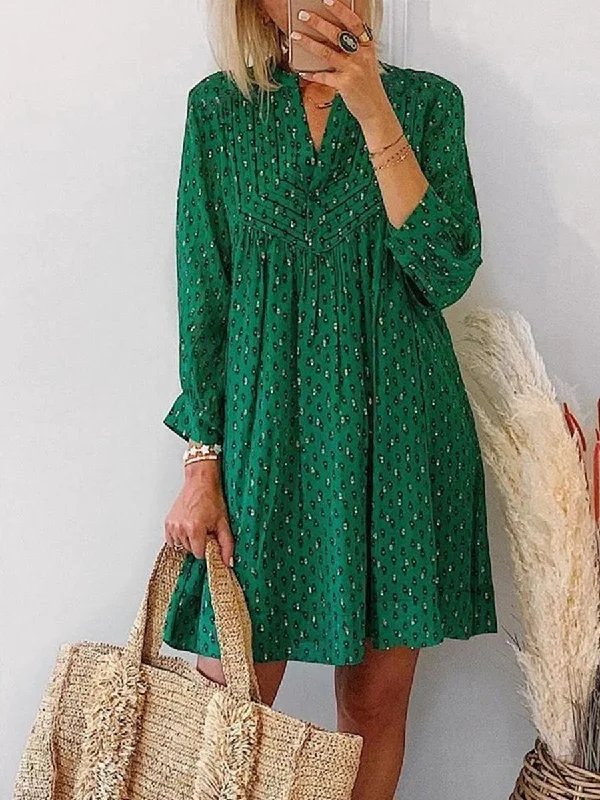 Women Long Sleeve V-Neck Print Casual Mini Dress Cozy Satin Mini Dress