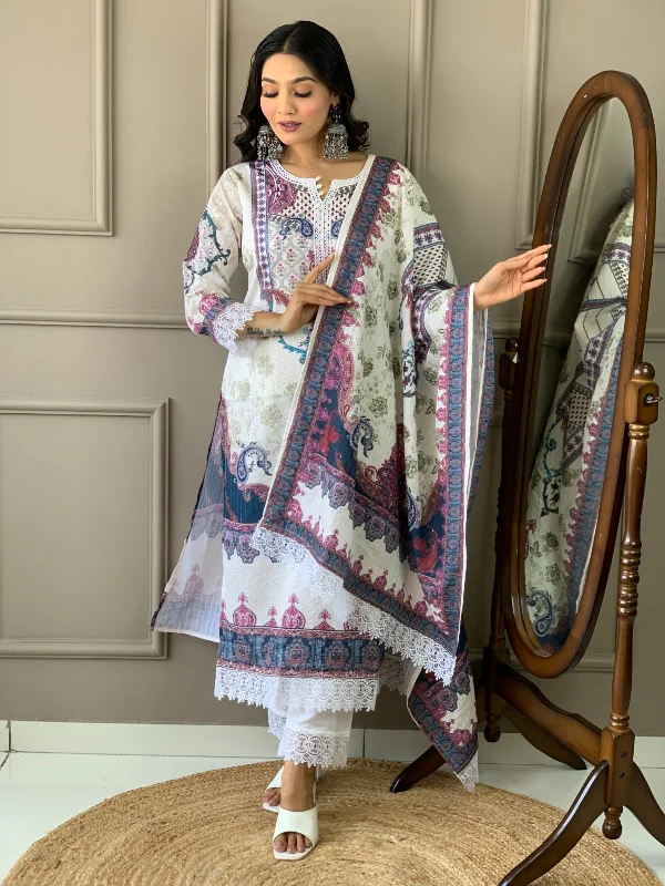 Women's Off White Printed Kurta With Pant And Duppata Set - Dwija Fashion Slim Fit Casual Pants