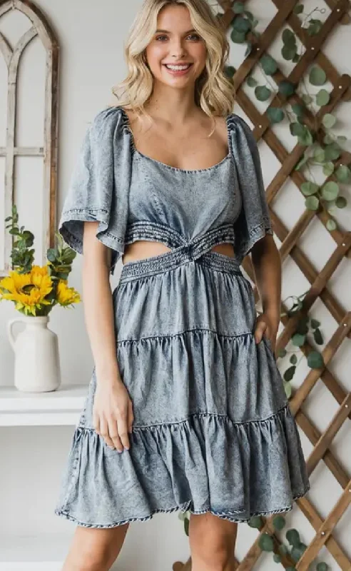 Washed Denim Tencel Cut Out Mini Dress Cozy Cowl Neck Mini Dress
