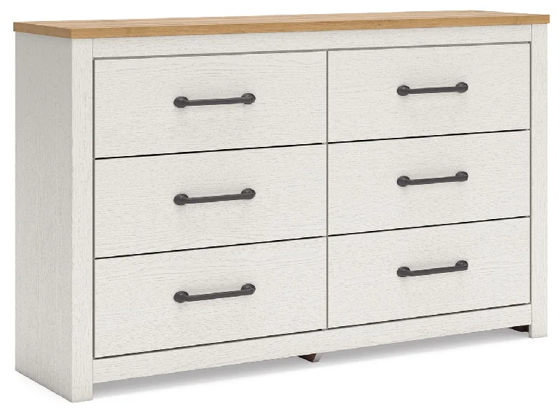 Linnocreek - White / Warm Brown - Six Drawer Dresser Crew Neckline Casual