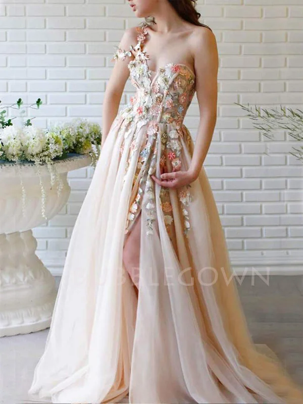 One Shoulder V Neck Champagne Tulle Appliques A-line Long Evening Prom Dresses, Cheap Custom V Neck Prom Dress, MR7430 One Shoulder V Neck Champagne Tulle Appliques A-line Long Evening Prom Dresses, Cheap Custom V Neck Prom Dress, MR7430