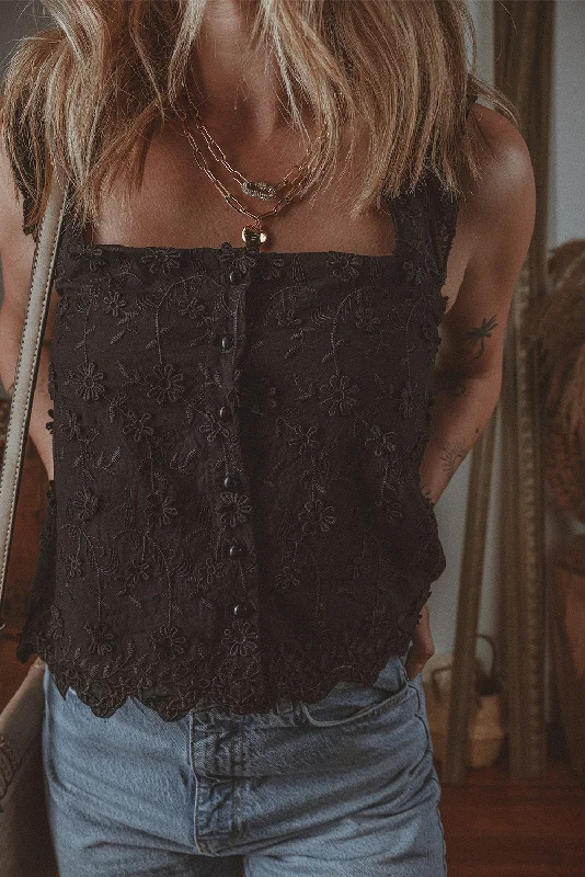 Black Floral Embroidered Buttoned Square Neck Tank Top modal blend tank