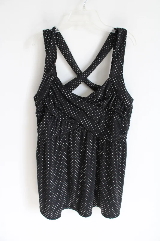 Torrid Black & White Polka Dot Criss Cross Strappy Tank | 1 (1X) crew neck tank