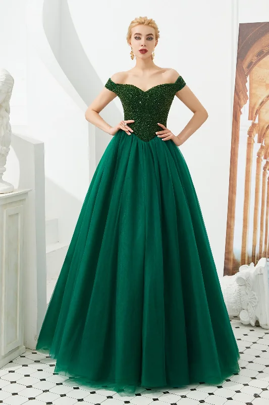 Emerald Green Ball Gown Prom Evening Dress with Off the Shoulder Neckline EN193335338