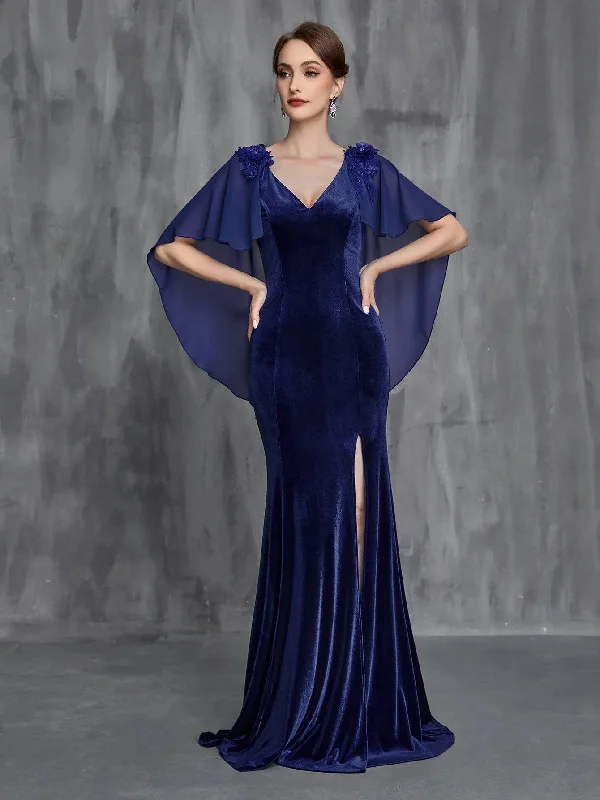 Womens' Applique Detail Mermaid Hem Velvet Cape Dress