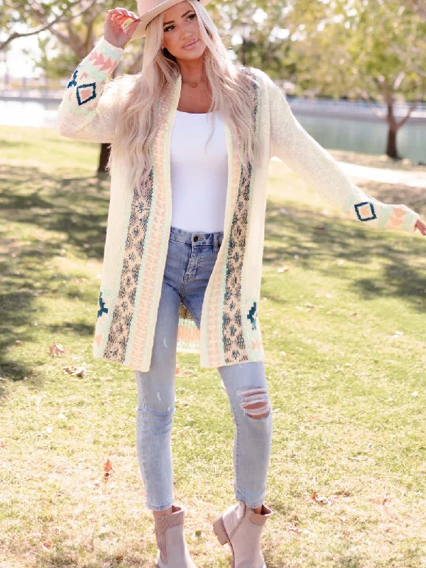 Apricot Aztec Patterned Open Front Sweater Cardigan Solid Color Striped Floral Print Apricot Aztec Patterned Open Front Sweater Cardigan Solid Color Striped Floral Print