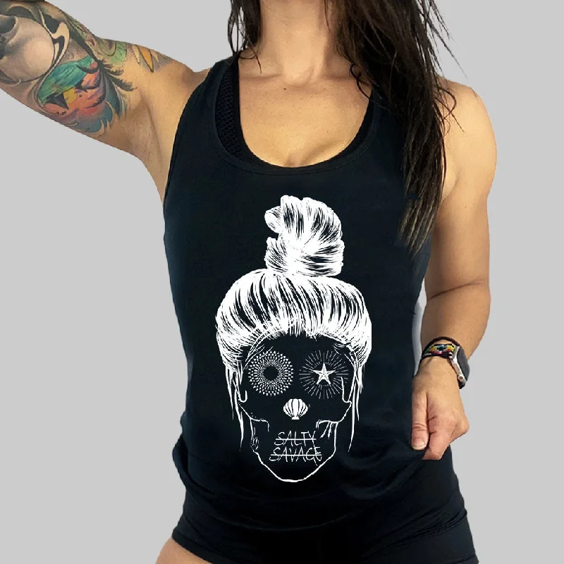 Ladies "Messy Bun Skull" Racerback Tank pastel tank top