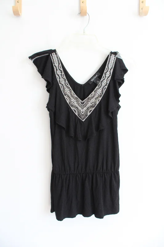 White House Black Market White & Gold Beaded Black Ruffled Tank | XS lemon yellow tank