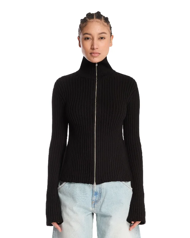 Cardigan A Costine Nero Con Zip Fleece Fabric Down Fabric Feather Fabric