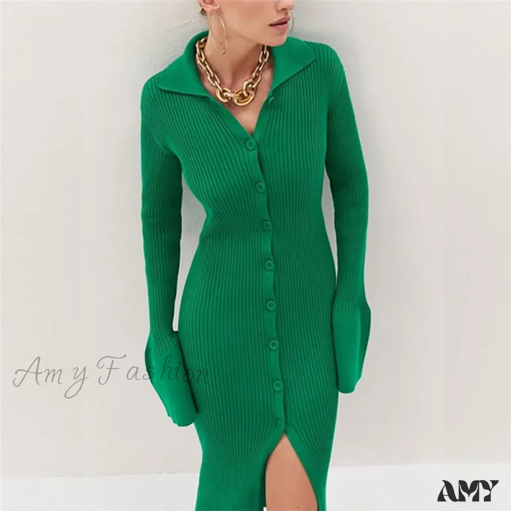 Amy Fashion - Sexy Knitted Cardigan Women  Female Fashion Slim Solid Autumn Winter  Flare Sleeve Female Vestidos Fitted Loose Oversized