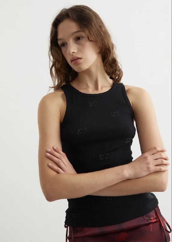Soft Cotton Rib Rhinestone Butterfly Tank Top white tank top